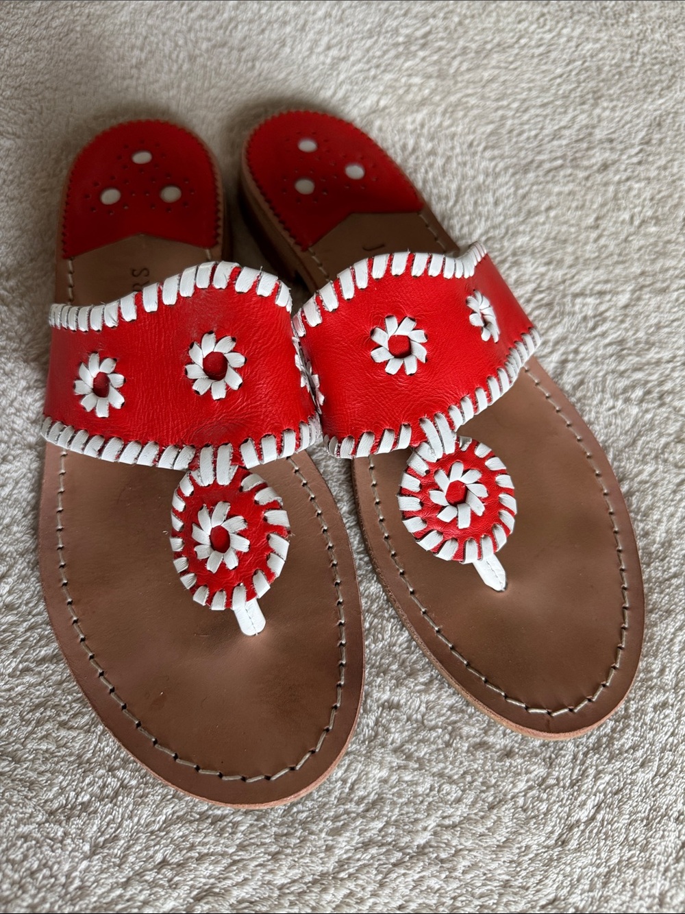 Jack Rogers Red and White Stitched Leather Thong Sandals